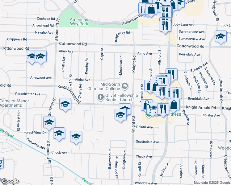 map of restaurants, bars, coffee shops, grocery stores, and more near 3110 Knightway Road in Memphis