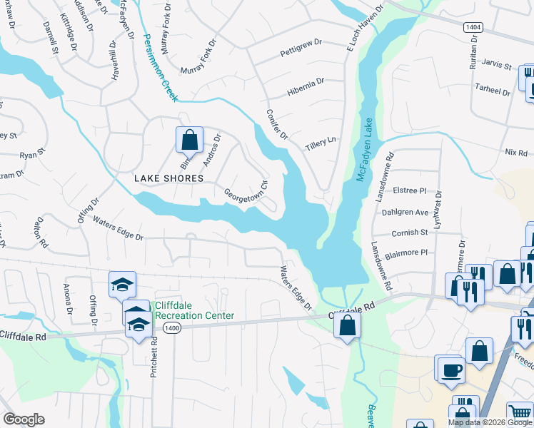 map of restaurants, bars, coffee shops, grocery stores, and more near 3316 Harbour Pointe Place in Fayetteville