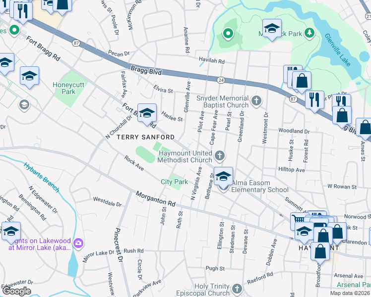 map of restaurants, bars, coffee shops, grocery stores, and more near 1930 Fort Bragg Road in Fayetteville