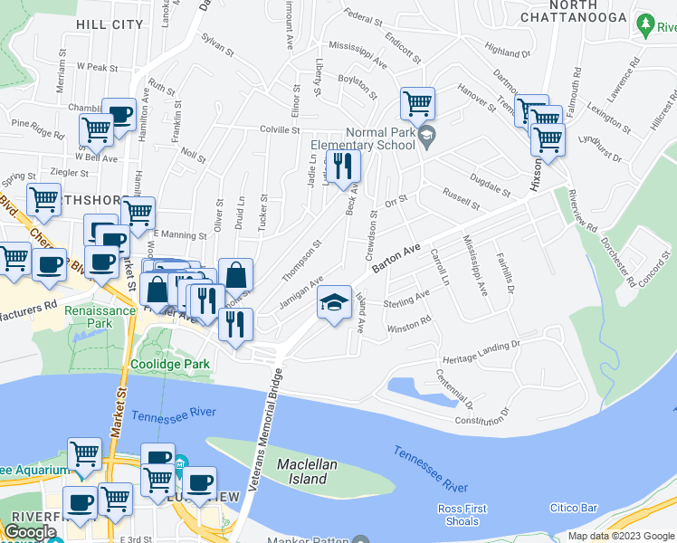 map of restaurants, bars, coffee shops, grocery stores, and more near 242 Jarnigan Avenue in Chattanooga