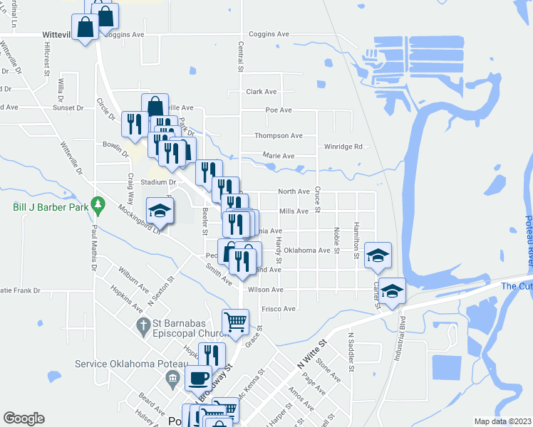 map of restaurants, bars, coffee shops, grocery stores, and more near 298 Mills Avenue in Poteau