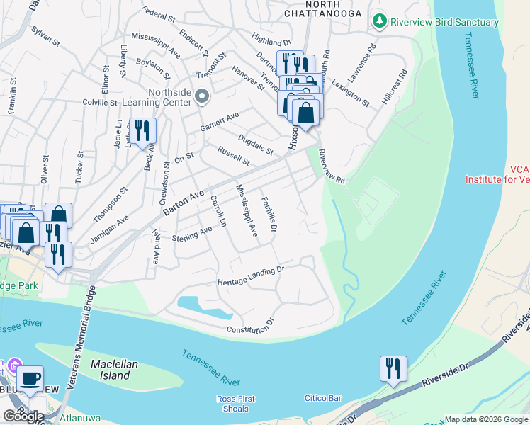 map of restaurants, bars, coffee shops, grocery stores, and more near 12 Fairhills Drive in Chattanooga
