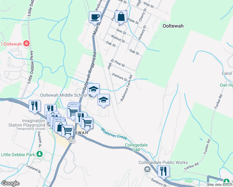 map of restaurants, bars, coffee shops, grocery stores, and more near 5152 High Street in Ooltewah