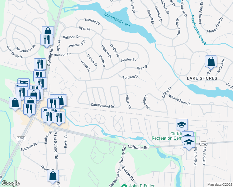 map of restaurants, bars, coffee shops, grocery stores, and more near 6860 Candlewood Drive in Fayetteville