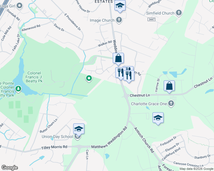 map of restaurants, bars, coffee shops, grocery stores, and more near 3005 Chestnut Grove Lane in Matthews