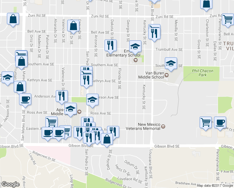 map of restaurants, bars, coffee shops, grocery stores, and more near 833 Florida Street Southeast in Albuquerque