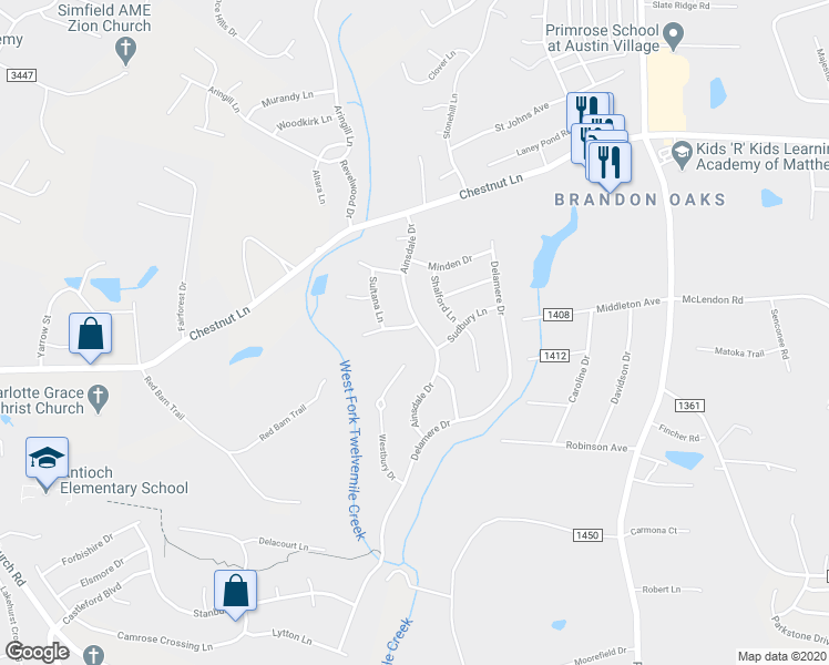 map of restaurants, bars, coffee shops, grocery stores, and more near 3005 Ainsdale Drive in Matthews