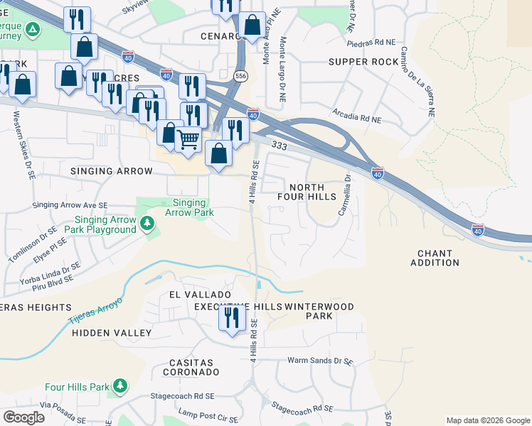 map of restaurants, bars, coffee shops, grocery stores, and more near 305 Pinon Creek Trail in Albuquerque