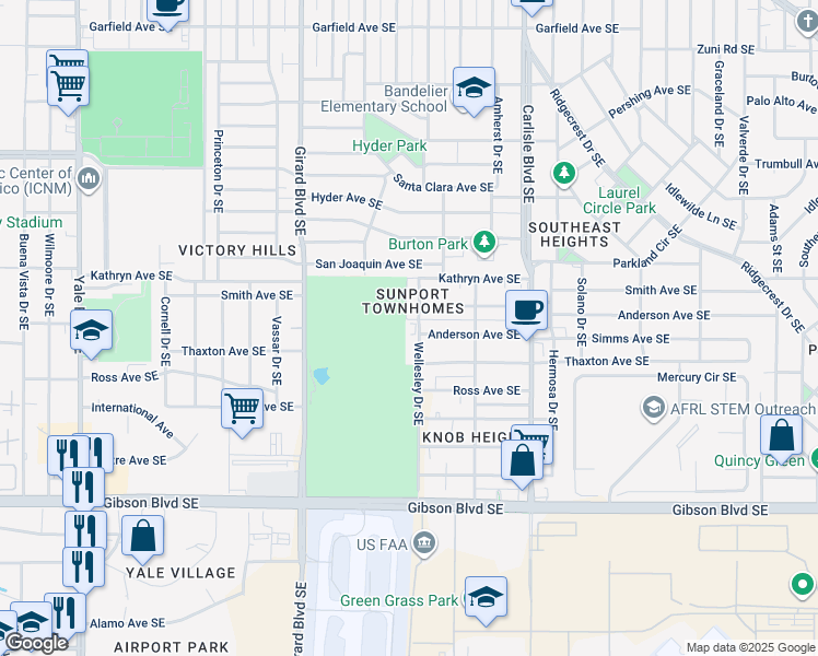 map of restaurants, bars, coffee shops, grocery stores, and more near 1301 Wellesley Drive Southeast in Albuquerque