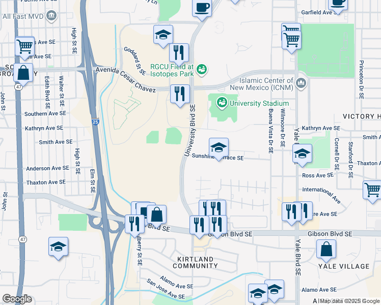 map of restaurants, bars, coffee shops, grocery stores, and more near 1611 Sunshine Terrace Southeast in Albuquerque