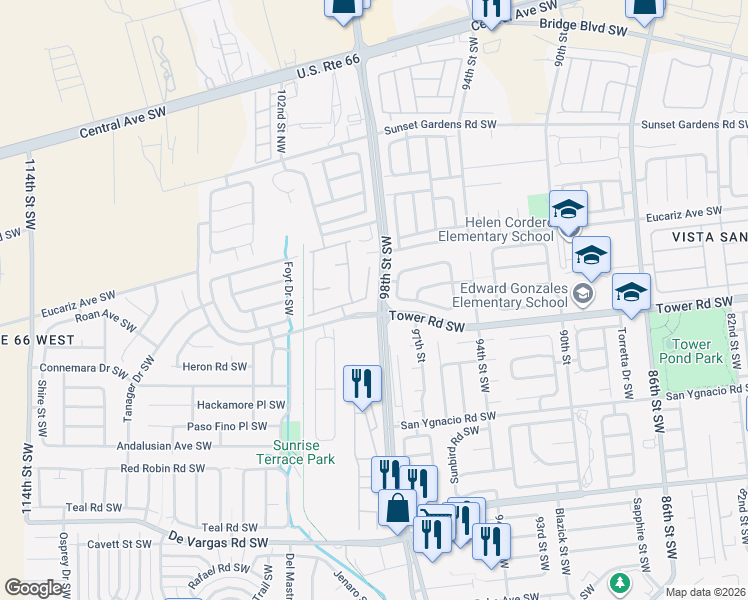 map of restaurants, bars, coffee shops, grocery stores, and more near in Albuquerque