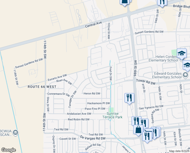 map of restaurants, bars, coffee shops, grocery stores, and more near 512 McCloskey Drive Southwest in Albuquerque