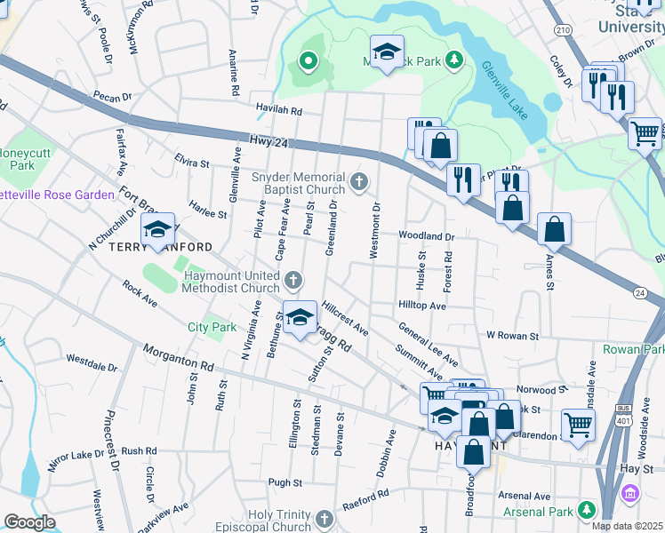 map of restaurants, bars, coffee shops, grocery stores, and more near 606 Greenland Drive in Fayetteville