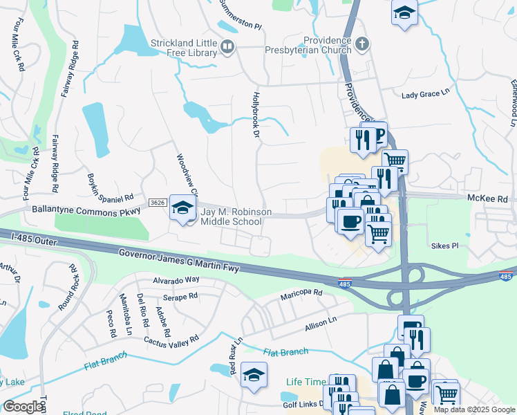 map of restaurants, bars, coffee shops, grocery stores, and more near 10616 Annalexa Lane in Charlotte