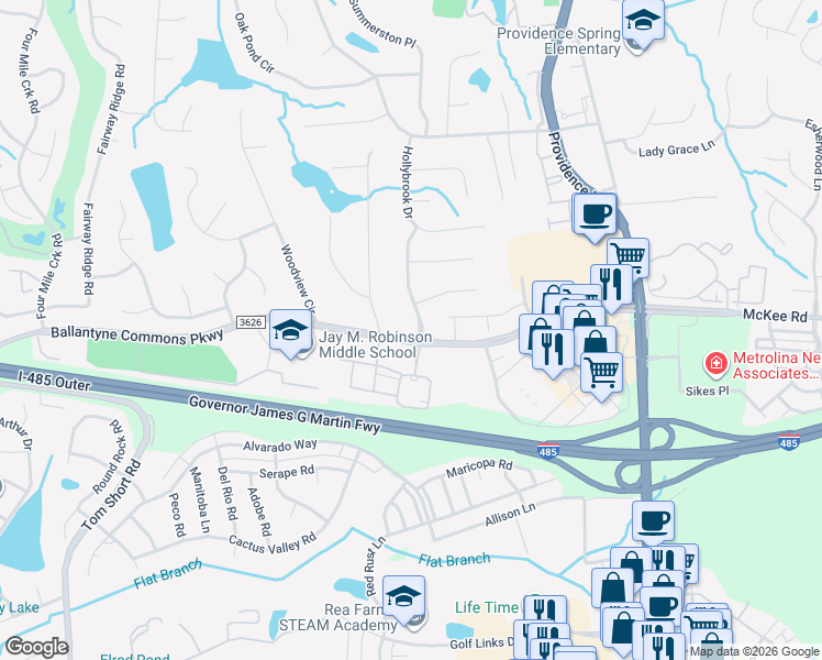 map of restaurants, bars, coffee shops, grocery stores, and more near 5610 Lavista Way in Charlotte