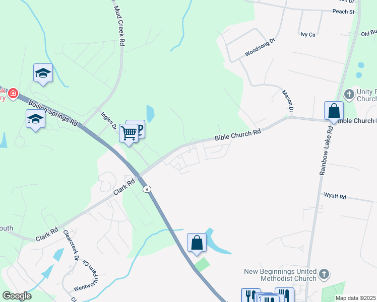 map of restaurants, bars, coffee shops, grocery stores, and more near 150 Bible Church Road in Boiling Springs