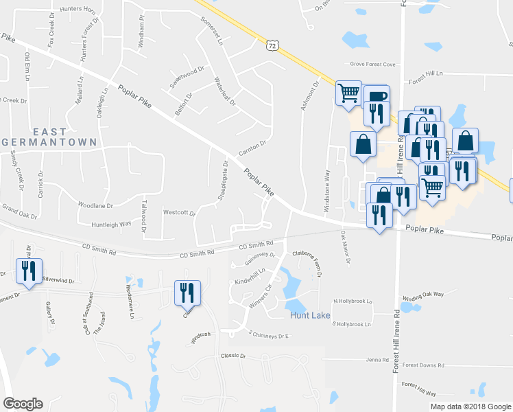 map of restaurants, bars, coffee shops, grocery stores, and more near 3109 East Poplar Lake Drive in Germantown