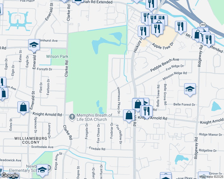 map of restaurants, bars, coffee shops, grocery stores, and more near 5826 Pebble Beach Avenue in Memphis