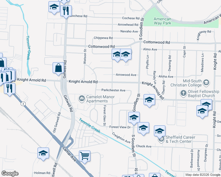map of restaurants, bars, coffee shops, grocery stores, and more near 4152 Parkchester Avenue in Memphis