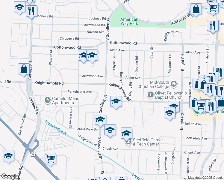 map of restaurants, bars, coffee shops, grocery stores, and more near 3116 Sheffield Cove in Memphis