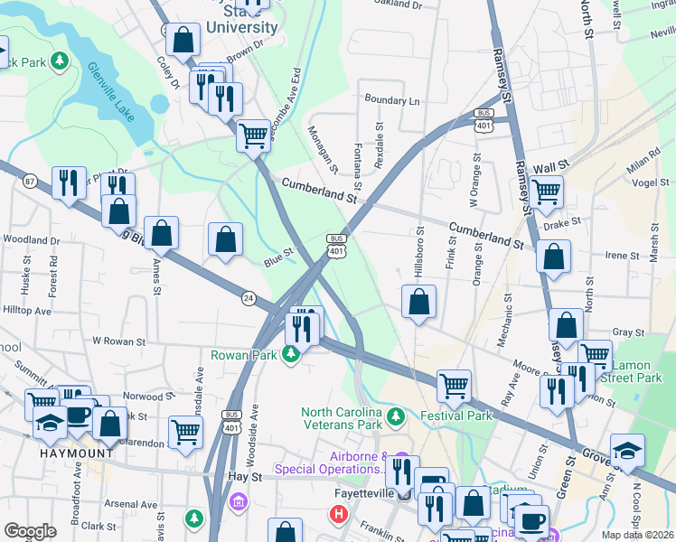 map of restaurants, bars, coffee shops, grocery stores, and more near 532 Durham Street in Fayetteville