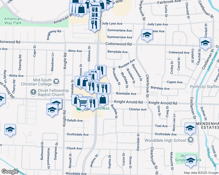 map of restaurants, bars, coffee shops, grocery stores, and more near 3109 Boxdale Street in Memphis