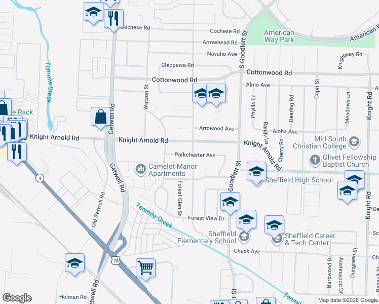 map of restaurants, bars, coffee shops, grocery stores, and more near 4152 Parkchester Avenue in Memphis