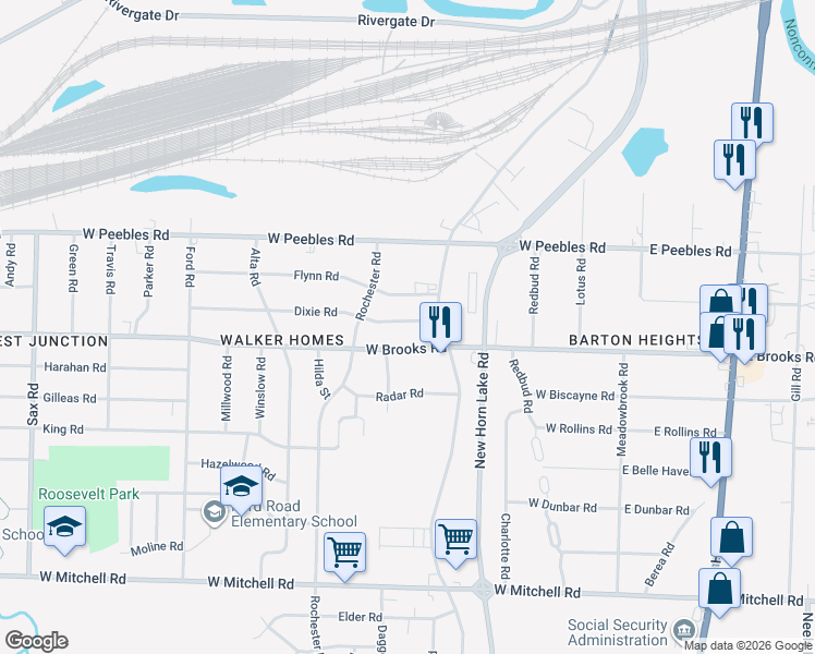 map of restaurants, bars, coffee shops, grocery stores, and more near 241 Dixie Road in Memphis