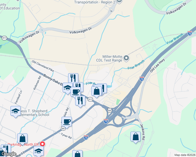 map of restaurants, bars, coffee shops, grocery stores, and more near 7413 Old Cleveland Pike in Chattanooga