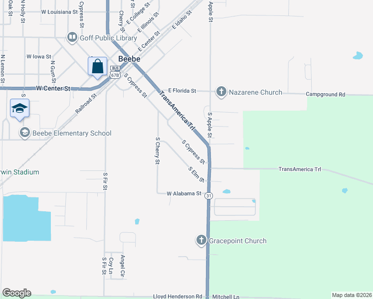 map of restaurants, bars, coffee shops, grocery stores, and more near 506 South Cypress Street in Beebe