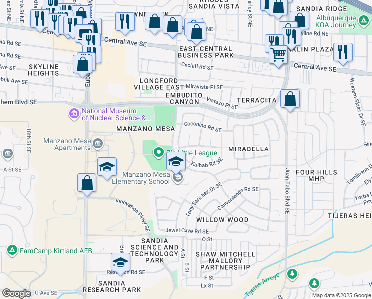 map of restaurants, bars, coffee shops, grocery stores, and more near 11008 Buffalo River Road Southeast in Albuquerque