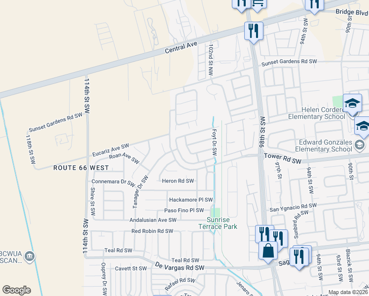 map of restaurants, bars, coffee shops, grocery stores, and more near 512 McCloskey Drive Southwest in Albuquerque