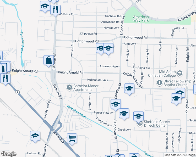 map of restaurants, bars, coffee shops, grocery stores, and more near 4152 Parkchester Avenue in Memphis