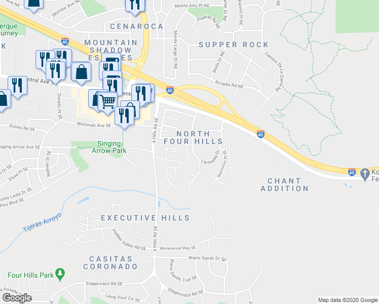map of restaurants, bars, coffee shops, grocery stores, and more near 320 Serenity Court Southeast in Albuquerque
