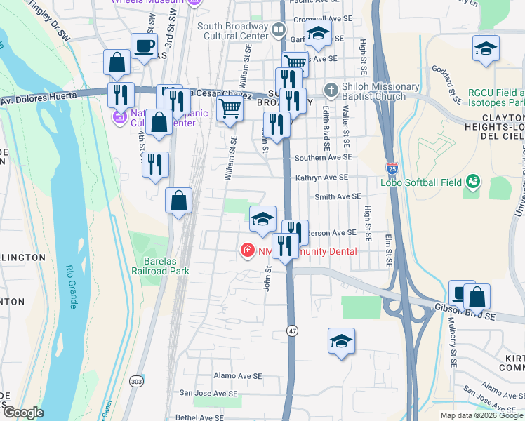 map of restaurants, bars, coffee shops, grocery stores, and more near 1901 John St SE in Albuquerque