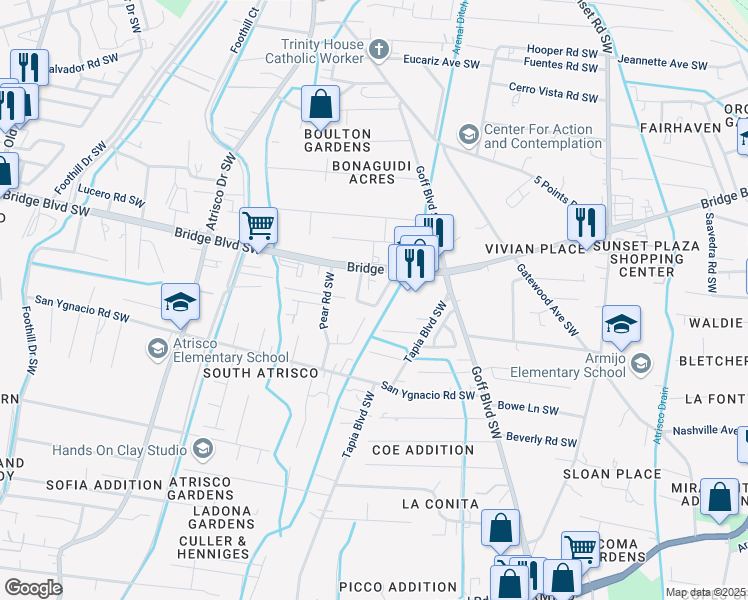 map of restaurants, bars, coffee shops, grocery stores, and more near 1035 Lura Place Southwest in Albuquerque