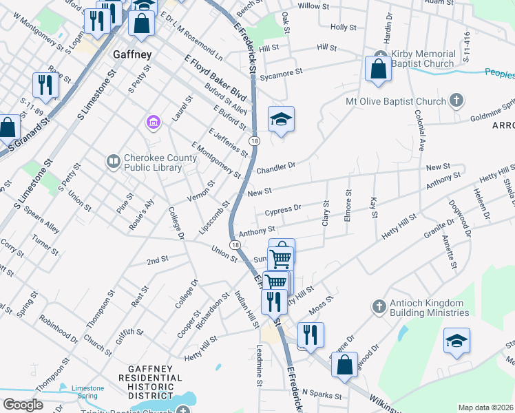 map of restaurants, bars, coffee shops, grocery stores, and more near 101 Cypress Drive in Gaffney