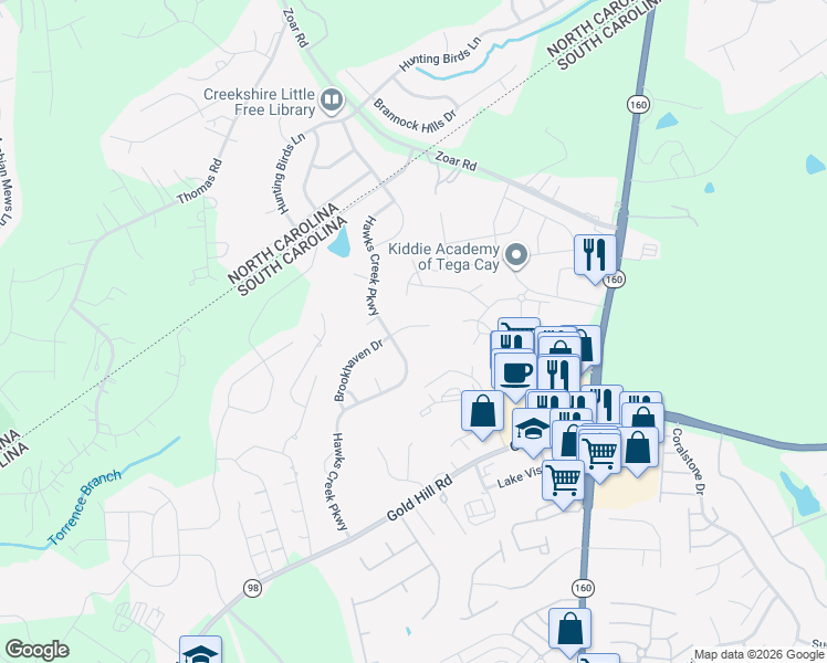 map of restaurants, bars, coffee shops, grocery stores, and more near 644 Brookhaven Drive in Fort Mill