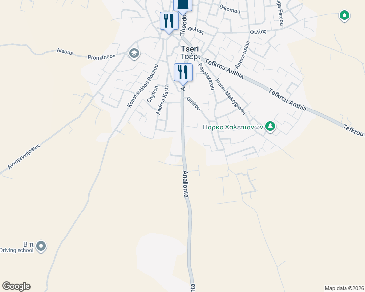 map of restaurants, bars, coffee shops, grocery stores, and more near Analionta in Tseri