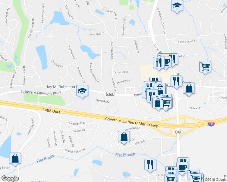 map of restaurants, bars, coffee shops, grocery stores, and more near 10616 Annalexa Lane in Charlotte