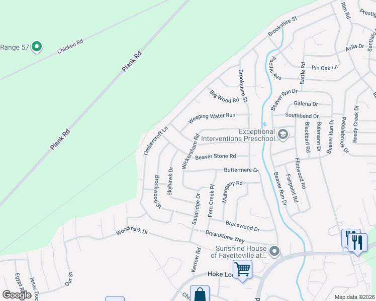 map of restaurants, bars, coffee shops, grocery stores, and more near 6870 Beaver Stone Road in Fayetteville