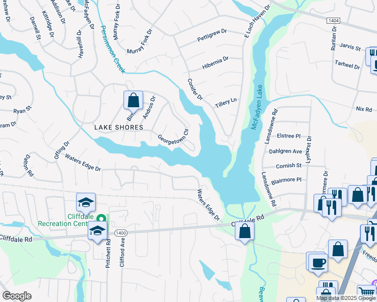 map of restaurants, bars, coffee shops, grocery stores, and more near 3316 Harbour Pointe Place in Fayetteville