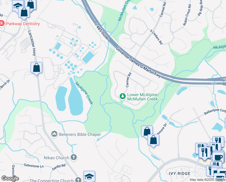 map of restaurants, bars, coffee shops, grocery stores, and more near 312 Vista Grande Circle in Charlotte