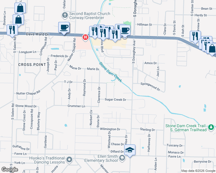 map of restaurants, bars, coffee shops, grocery stores, and more near 1120 Trenton Drive in Conway