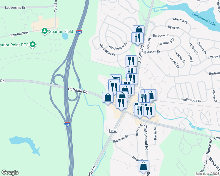 map of restaurants, bars, coffee shops, grocery stores, and more near 690 South Reilly Road in Fayetteville
