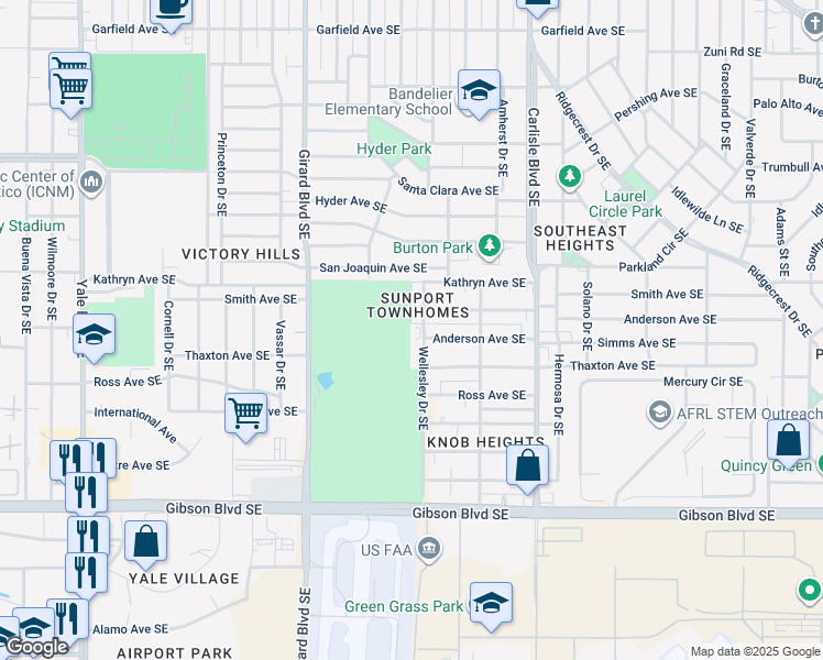 map of restaurants, bars, coffee shops, grocery stores, and more near 1301 Wellesley Drive Southeast in Albuquerque