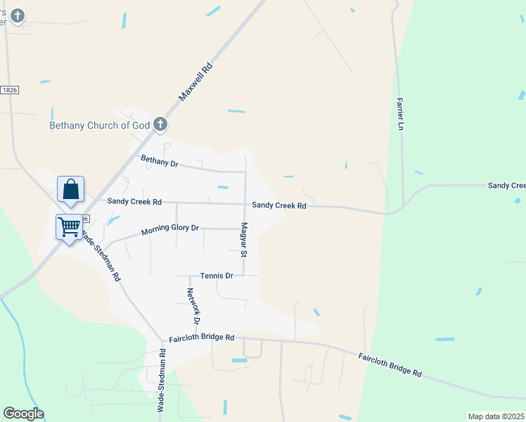 map of restaurants, bars, coffee shops, grocery stores, and more near 6532 Sandy Creek Road in Stedman