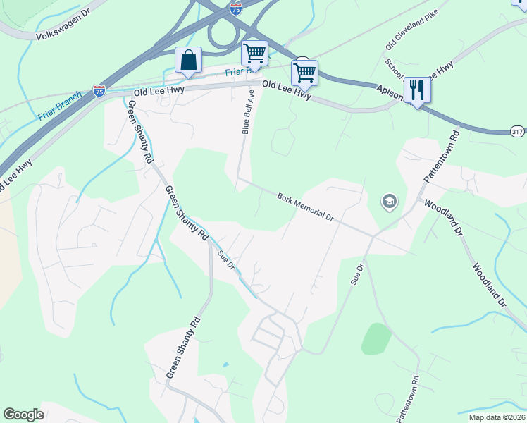 map of restaurants, bars, coffee shops, grocery stores, and more near 7958 Bork Memorial Drive in Ooltewah