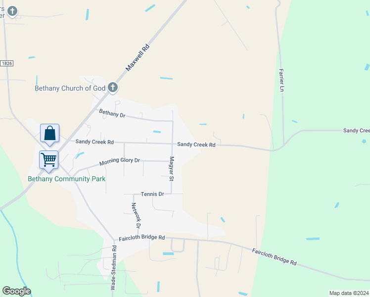 map of restaurants, bars, coffee shops, grocery stores, and more near 6532 Sandy Creek Road in Stedman