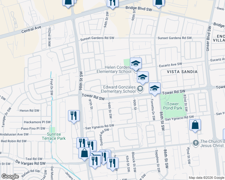 map of restaurants, bars, coffee shops, grocery stores, and more near 551 Sky Tower Street Southwest in Albuquerque